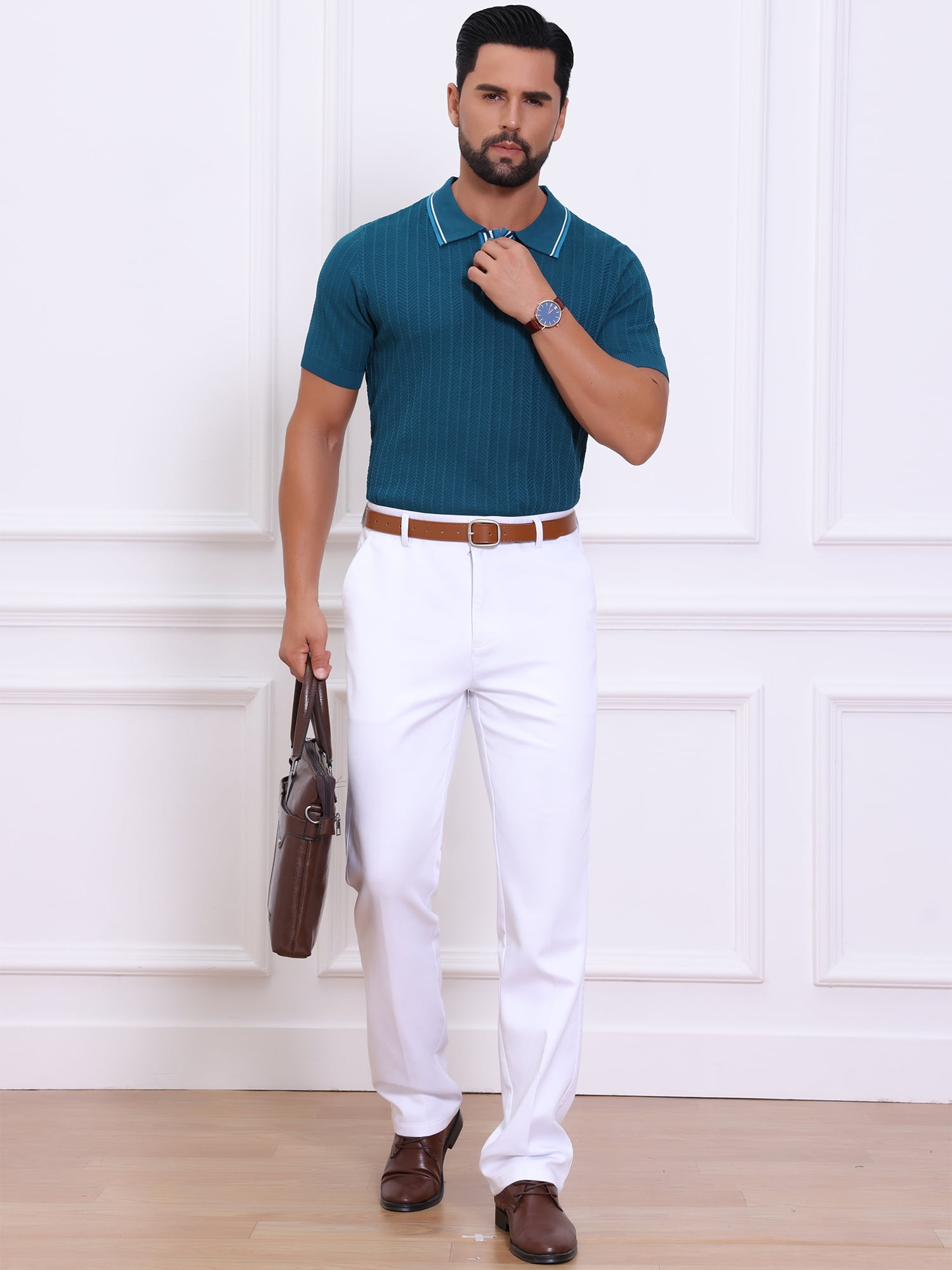 DARING DIVA Men's Knitted Ribbed Hem Short Sleeve Textured Golf Shirts S Royal Blue