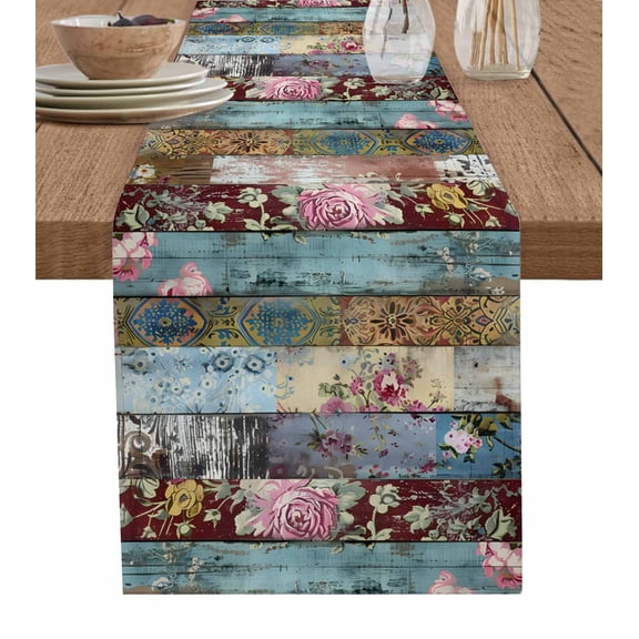 Ldtrchee Vintage Floral Table Runner 72 Inches, Boho Shabby Chic Farmhouse Wood Blue Bed Runner Dresser Scarves Tabletop for Indoor Outdoor Parties/Ceremony/Banquet, 13" x 72"