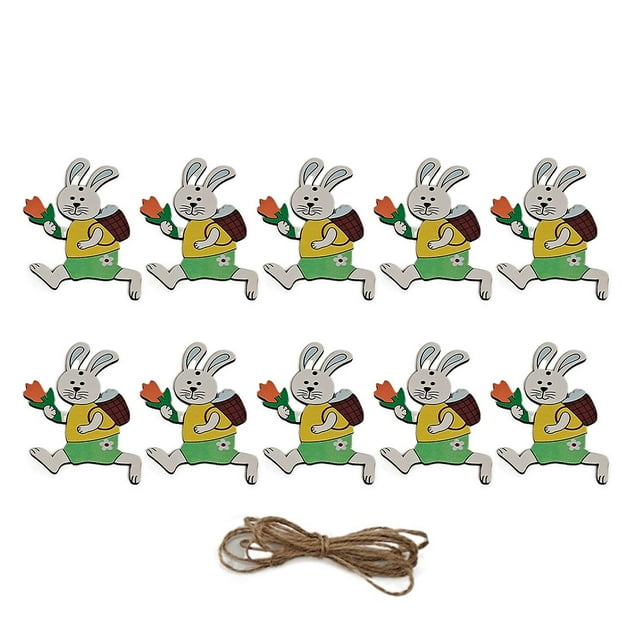 Sijial 10 Pcs Pendentif de Pâques Coloré Décoration Maison en Bois Dessin Animé Œuf Rabbit pour Fête