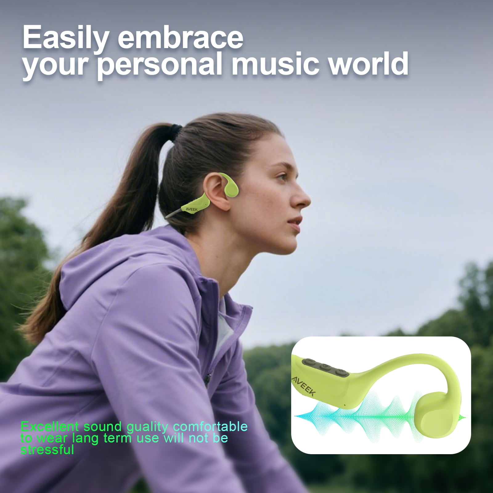 Aveek Bone Conduction Earphones, Open-Ear Wireless Headphones, Bluetooth 5.4 with Microphone, 10H Battery for Running,Cycling,Outdoors,Green