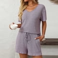 thumbnail image 2 of PRINxy Women's 2 Piece Solid Ribbed Loungewear Set V-Neck Short Sleeve Top and Elastic Waist Shorts Soft Comfort Home Casual Wear Purple M, 2 of 5