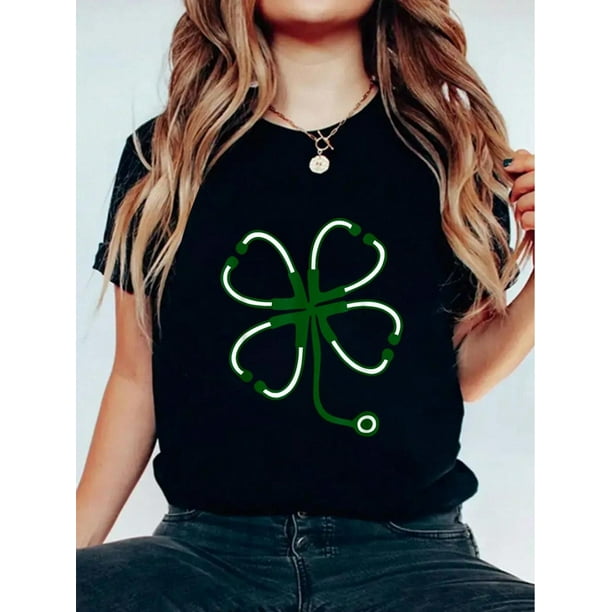 Camiseta de algodón con estampado de estetoscopio y trébol para el Día de San Patricio. Regalo para médico y enfermera. Camiseta de manga corta suave para mujer, elegante y cómoda. Camisetas gráficas
