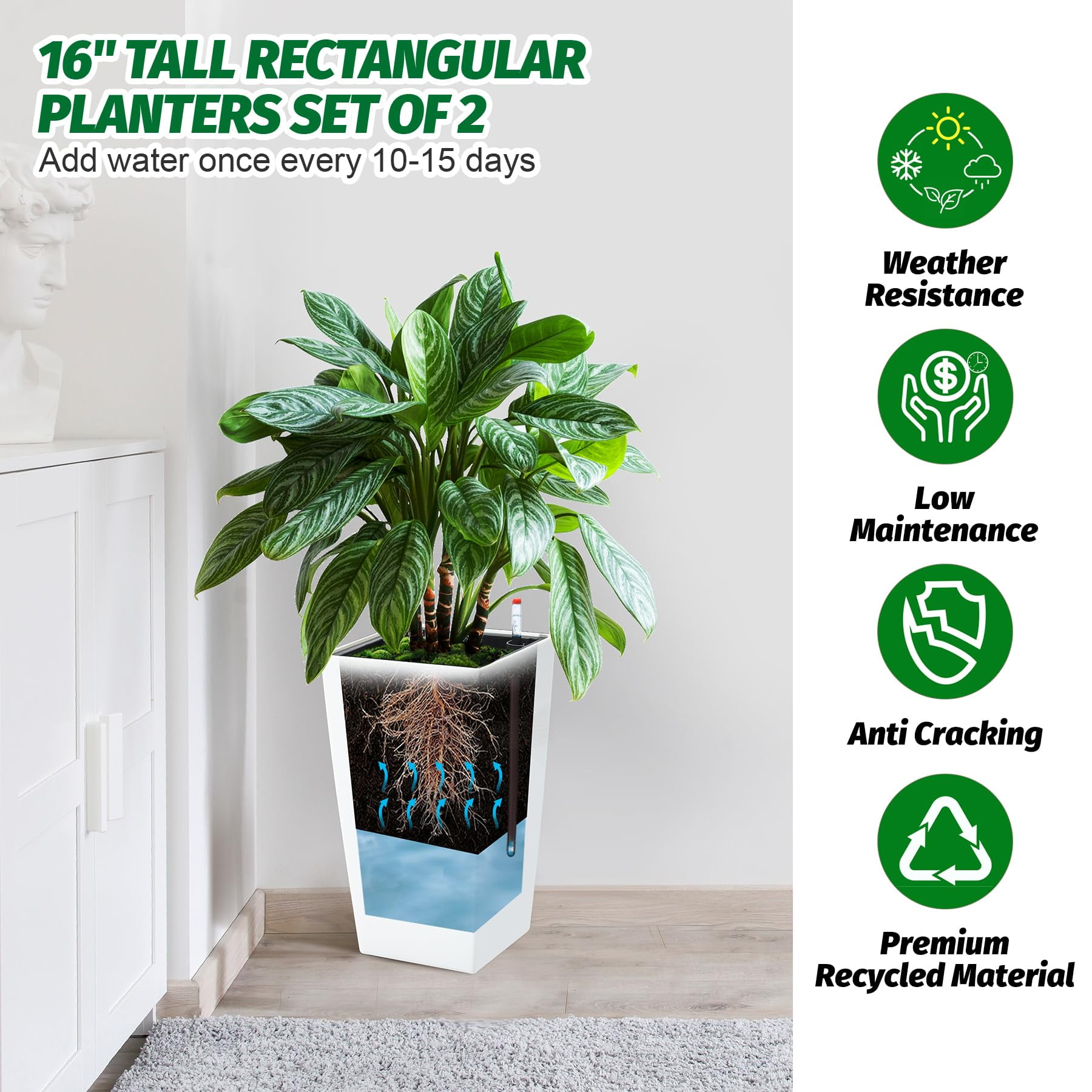 Goldensoil 16" Tall Planters Set of 2 with Drainage Holes＆Water Level Monitor＆Inner Bucket, White