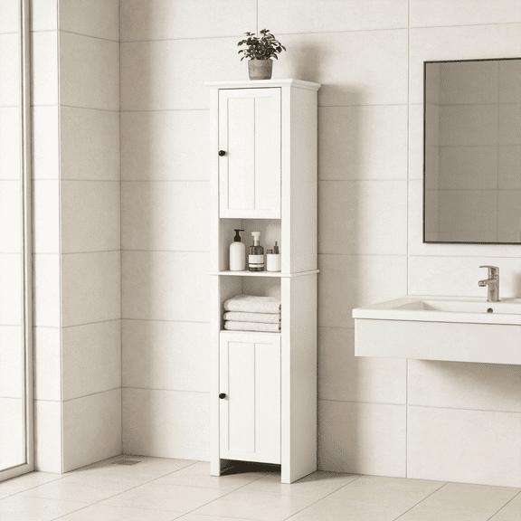 Wanling Tall Bathroom Storage Cabinet with 2 Barn Doors and 6 Drawer, Narrow Storage Unit, Adjustable Shelves, Floor Cabinet for Bathroom, Living Room, Entryway, Kitchen, White, White