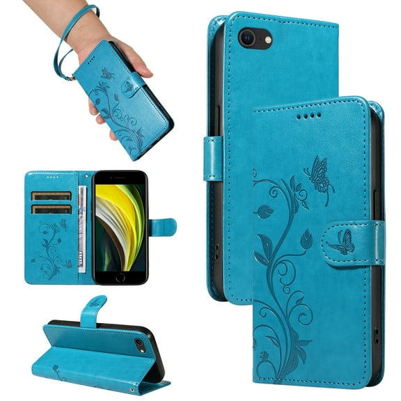 Nalacover Case Wallet for iPhone 7 / iPhone 8 / iPhone SE 2022 & 2020 with Card Slots, Embossed Pattern PU Leather Phone Case Stand Flip Cover Wrist Strap Magnetic Closure Folio Case, Blue