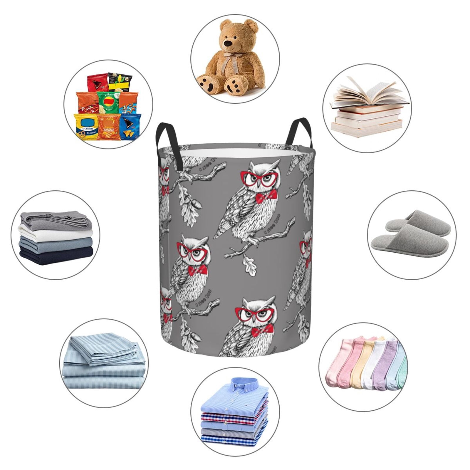 Large Laundry Basket with Handles - Red Glasses Bow Tie Owl Kids Baby Dirty Clothes Laundry Hamper for Bedroom Aesthetic