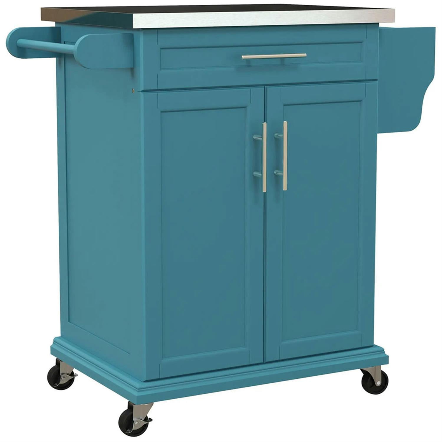 Demi Bonn 35" Kitchen Island Cart on Wheels with Stainless Steel Top, Rolling Dining Room Serving Utility Carts Mobile Movable with Towel Rack, Blue