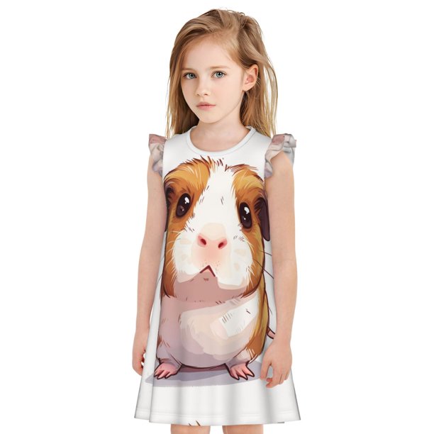 Fotbe Cartoon Guinea Pig Vestido de Dormir para Niñas de 3 a 10 Años, Mangas Cortas, Estilo Princesa, Pijama Camisón con Mangas Voladas-XX-Large
