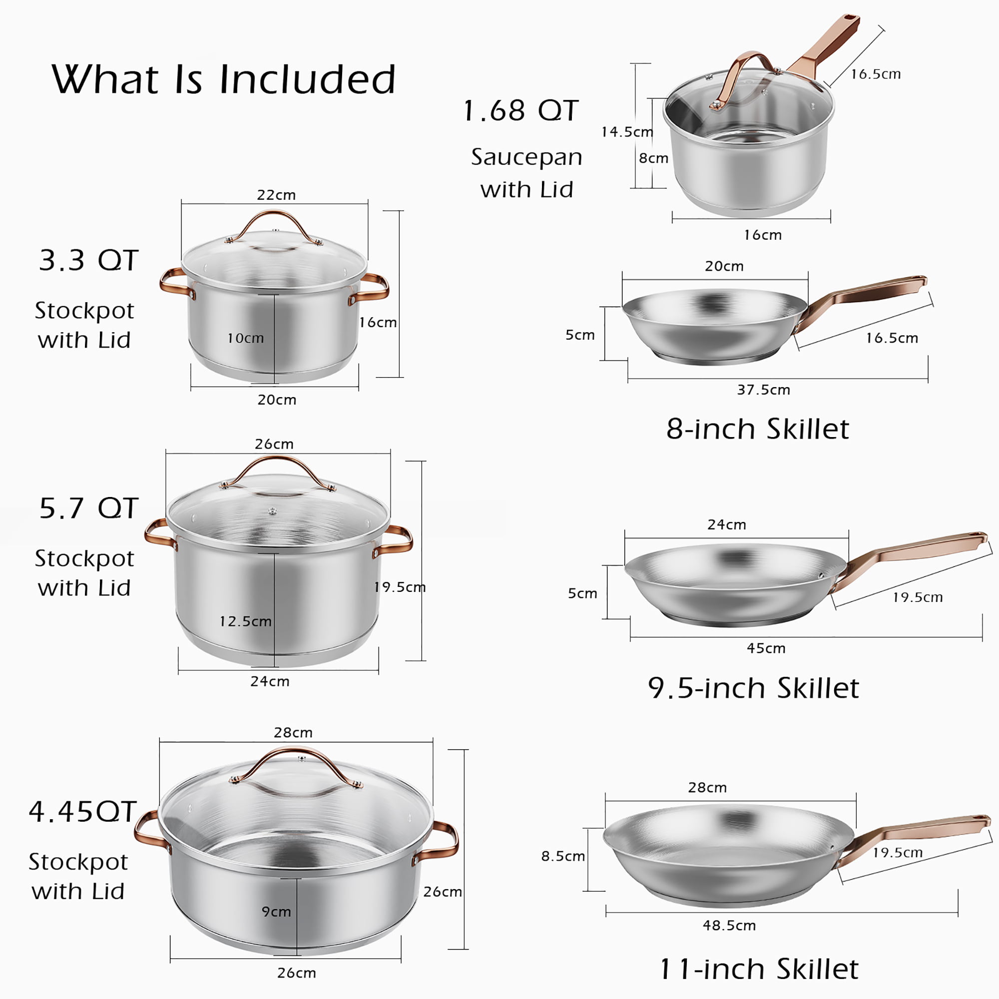 11 Pieces/set Stainless Steel Kitchen Cookware Set with Gold Stay