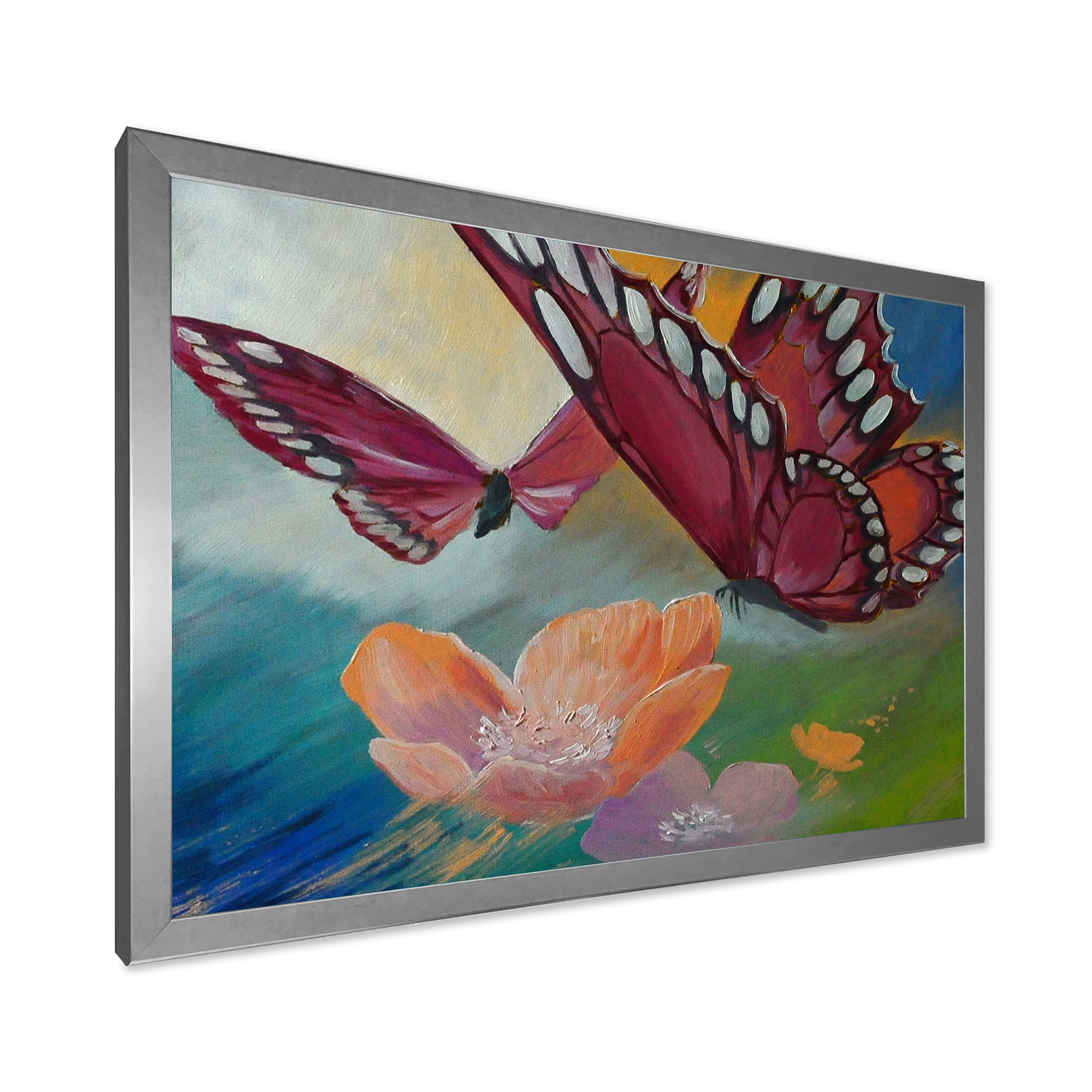 Designart 'Butterflies On Pink Flowers' Traditional Framed Art Print