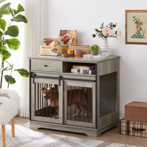 AOILE 47" Large Dog Crate Furniture - Two Room Design, Sturdy & Chew-Resistant, Flexible Placement, with 2 Storage Drawers & Removable Divider for All Dog Sizes