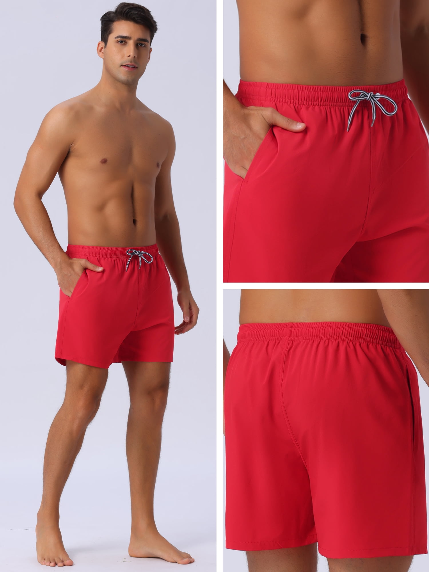 DARING DIVA Men's Drawstring Waist Side Pockets Mesh Lining Beach Swim Trunks 32 Red