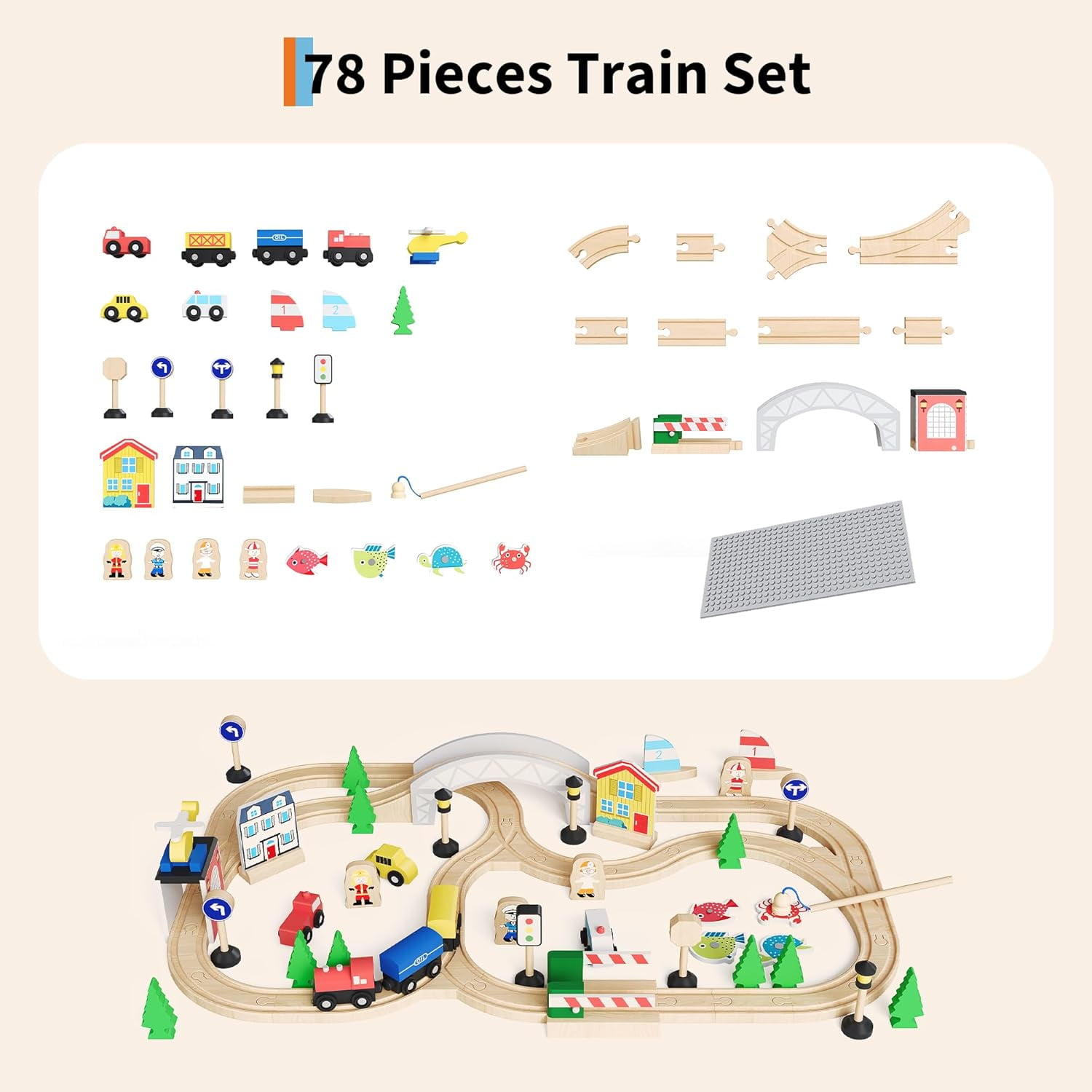 Garvee Wooden ﻿Train Table 31.5 x 22.44 x 15.75", 78 Multicolor Piece, for Toddlers 3+
