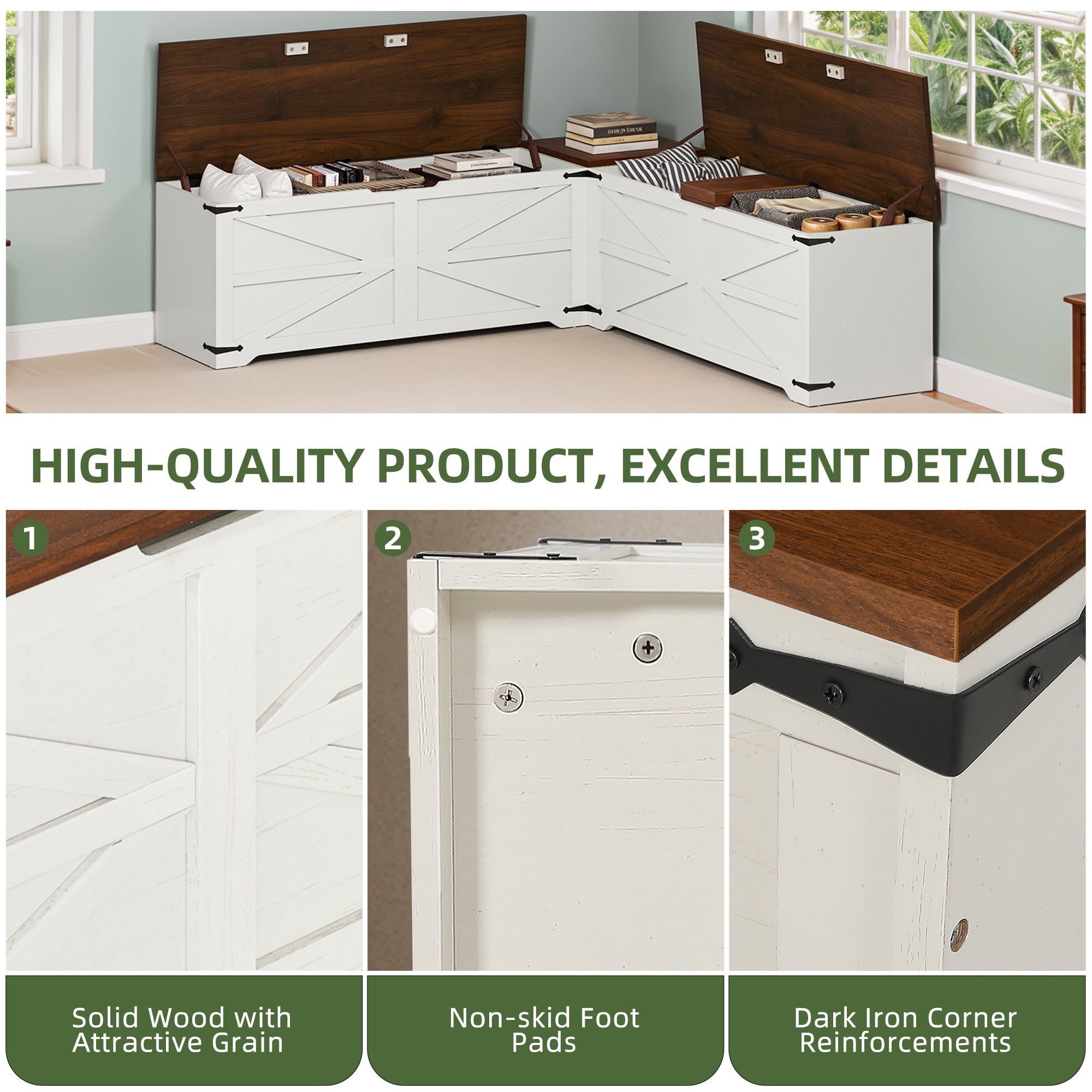 Uforic L-Shaped Wood Farmhouse Storage Chest,Nook Corner Bench with Storage - White & Brown