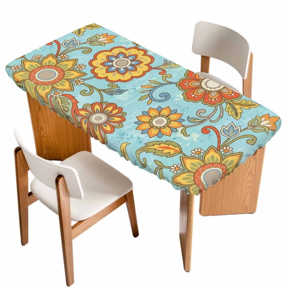 Turquoise Boho Floral Table Cloths for 4 Foot Rectangle Tables, Vintage Abstract Art Ethnic Flowers Patio Waterproof Elastic Fitted Tablecloths, Washable Rectangular Table Cover for Camping
