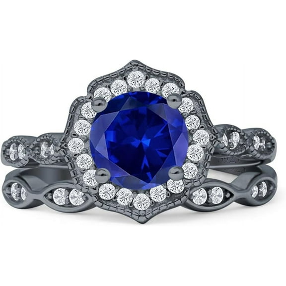 Two Piece Round Halo Floral Ring Blue Sapphire Cubic Zirconia 925 Black Tone Sterling Silver, Size 5