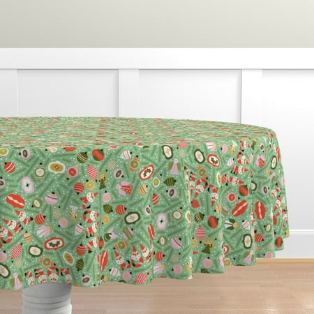 

Cotton Sateen Tablecloth 90 Round - Christmas Ornaments Retro Toys Santa Angel Vintage Print Print Custom Table Linens by Spoonflower