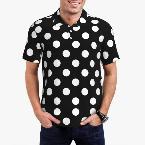 Balery Black and White Polka Dot Camisa Polo de Hombre con Estampado, de Manga Corta y Tejido Medio, Camisa Tipo Golf Polo-Small