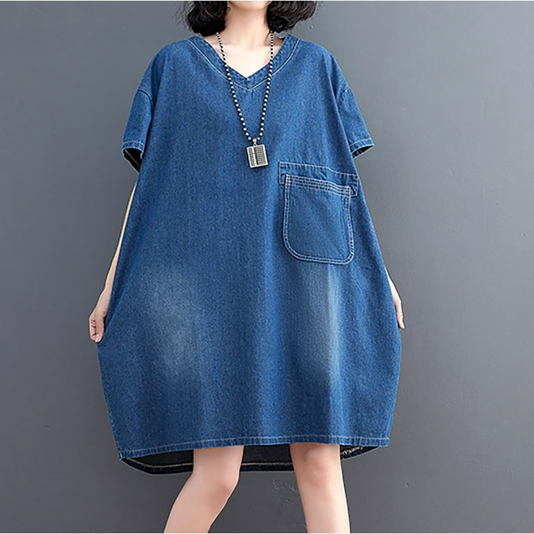BSDJILFG Vintage Dresses for Women Denim Dress Summer Casual Blue