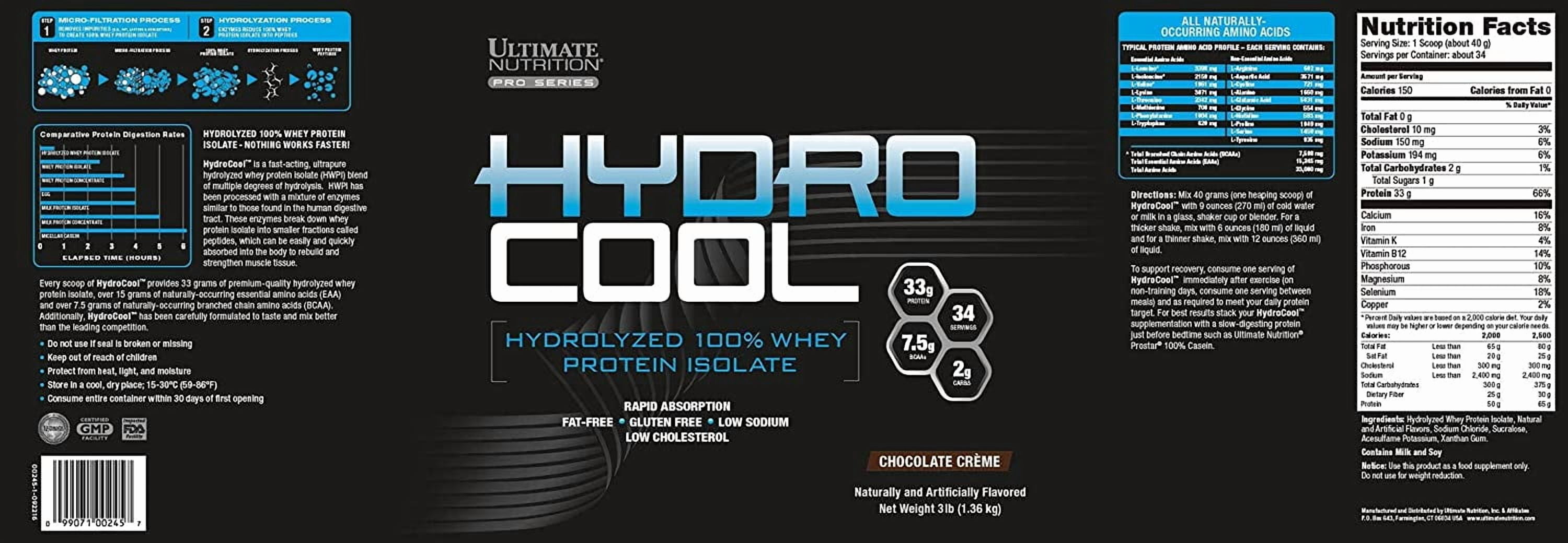 Ultimate Nutrition HydroCool Hydrolyzed Whey Protein Isolate Powder - Rapid Absorption with No Bloating, Chocolate Crème
