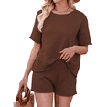 thumbnail image 1 of Conjuntos de Dos Piezas de Punto para Mujer, Blusa y Pantalones Cortos de Corta con Bordes Rematados, Ropa de Estar por Casa y para Viajar. Color Café S, 1 of 10