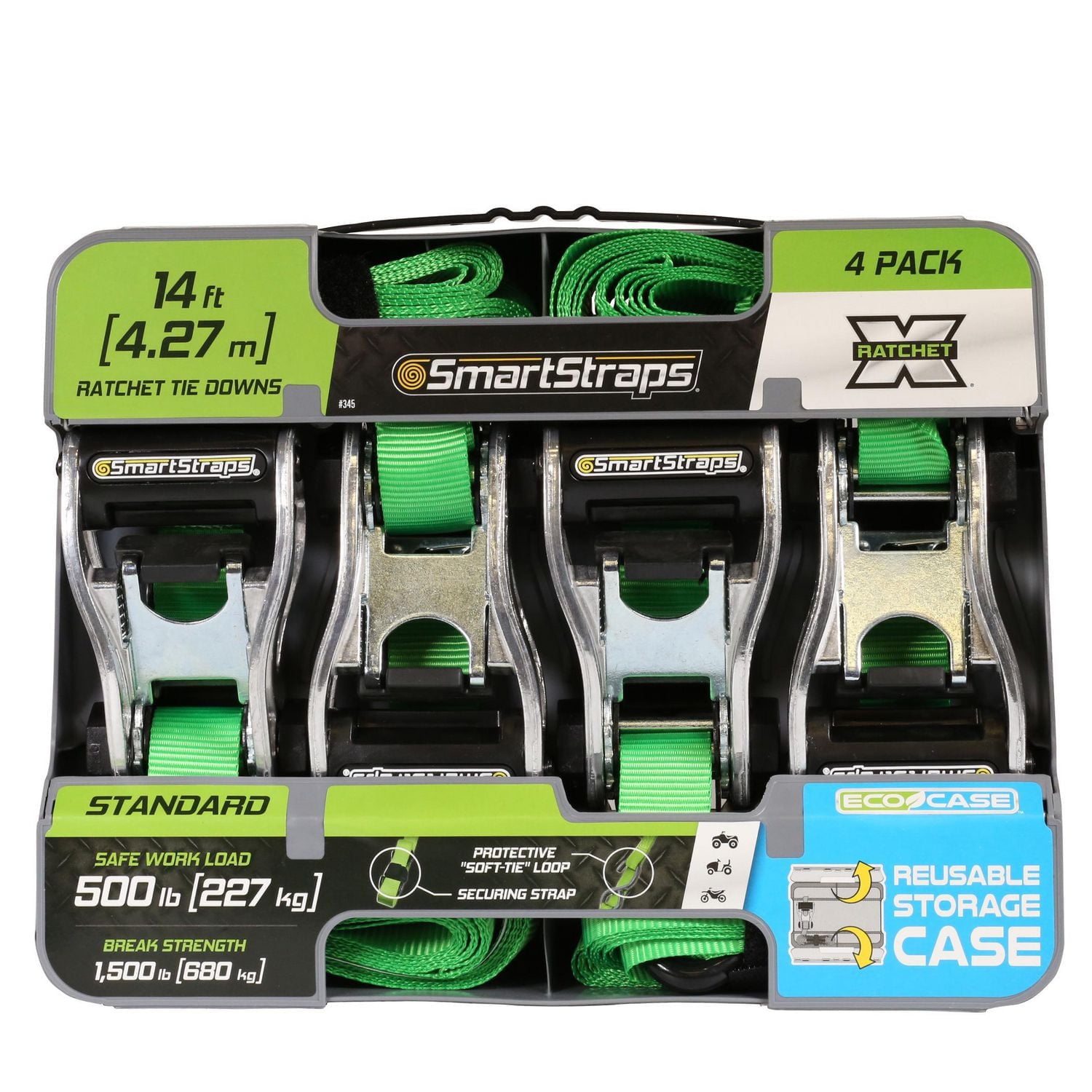 SmartStraps 14' 1500 lb RatchetX Tie Down, Pack of 4