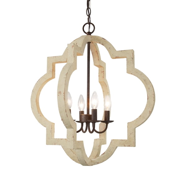 LNC 4-Light Lantern Wood Farmhouse Chandelier for Kitchen Island,Weathered White&Bronze