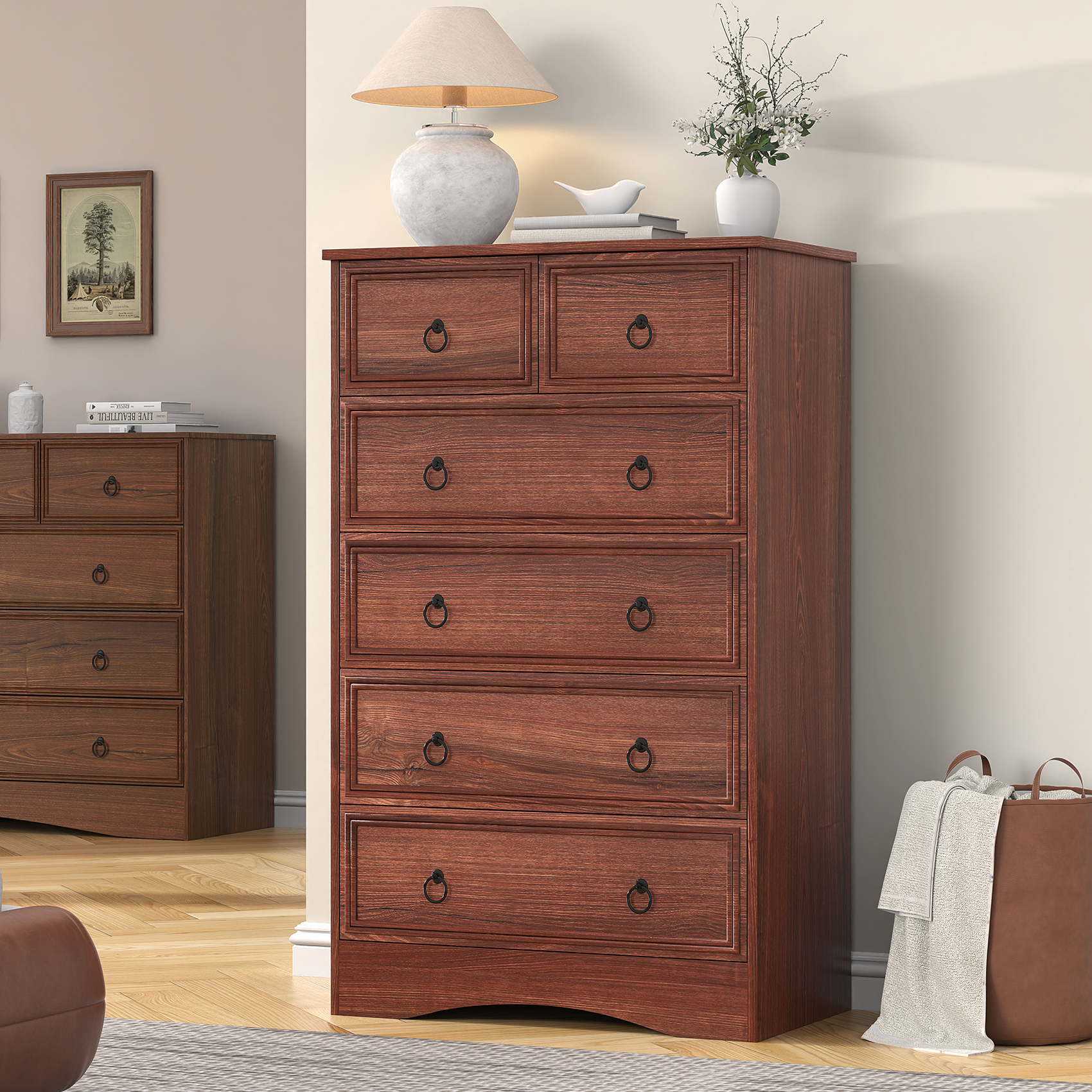 Frmobepts 6 Drawer Dresser, Tall Wood Chest of Drawers Dressers for Bedroom, Living Room, Cherry