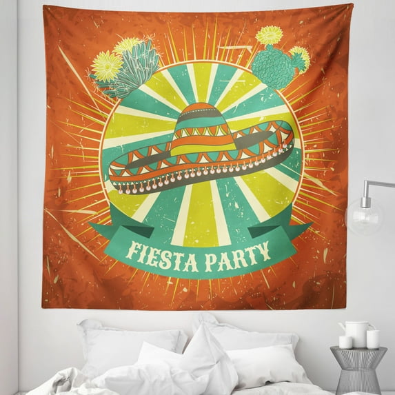 Fiesta Tapestry, Latin America Culture Inspired Sombrero and Cactuses Worn, Fabric Wall Hanging Decor for Bedroom Living Room Dorm, 5 Sizes, Yellow Green Seafoam, by Ambesonne