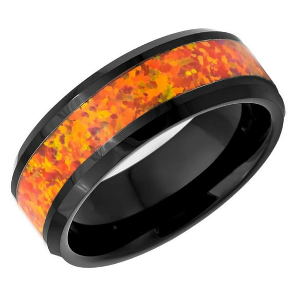 Men's Women's Tungsten Wedding Band Engagement Ring 8mm Sinthetic Orange Opal Inlay Black Ring, SZ 9.5
