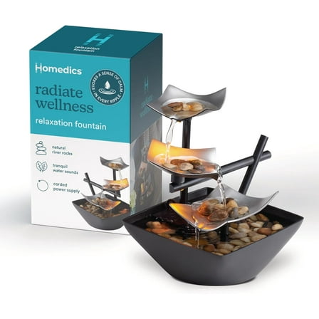HoMedics Silver Springs Relaxation Fountain - Small Desktop Zen Waterfall with River Rocks