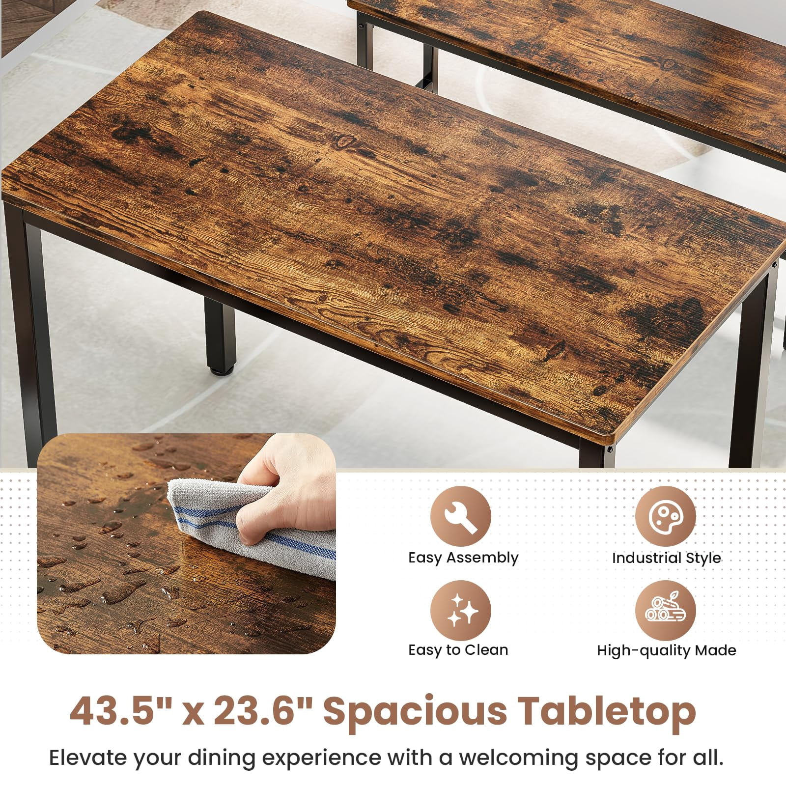 3 Piece Dining Room Table, Kitchen Dining Table Set with 2 Benchs for Apartment Breakfast Nook and Samll Space, Brown