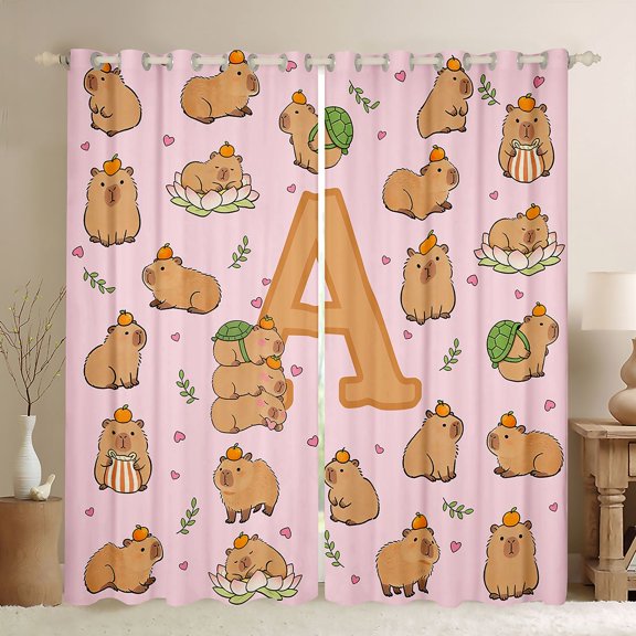 Manfei Cute Capybara Kitchen Curtains,Lovely Initial A Black Out Curtains Pack of 2 (42x63 Each),Pink Brown