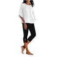 thumbnail image 2 of Haivin Women's Linen Blend Top and Cropped Pants Set, Solid Color Round Neck Three-Quarter Sleeve Blouse with Elastic Waist, Breathable Comfortable Casual Outfit for Daily Wear, 2 of 5