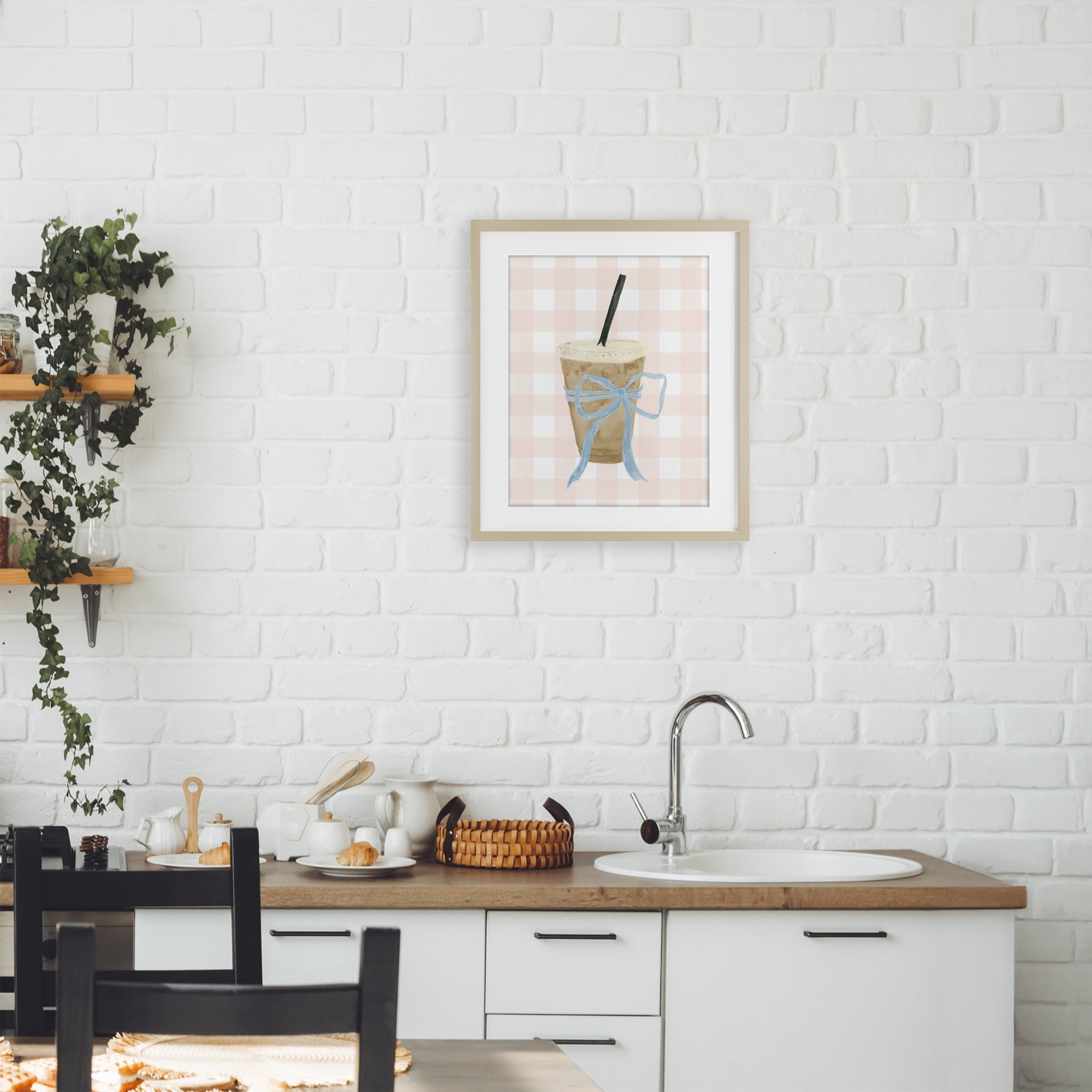 Stupell Industries Iced Coffee on Gingham Birch Framed Print Under Glass, design by Lucille Price
