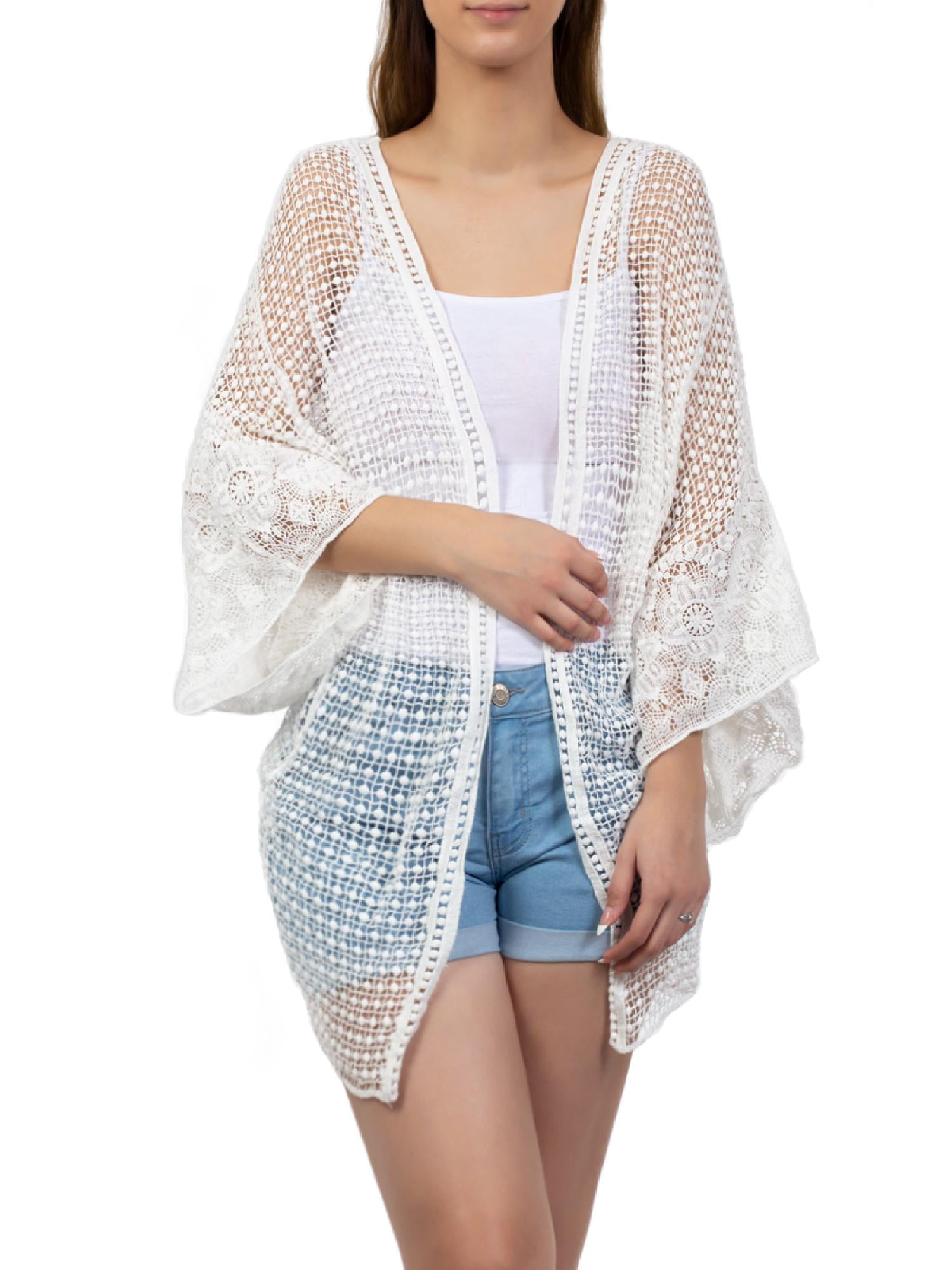 Cotton cardigan sweater for women Summer lace knit jacket with buttons Chunky oversized kimono in milky white Loose hand knit blouse M-L