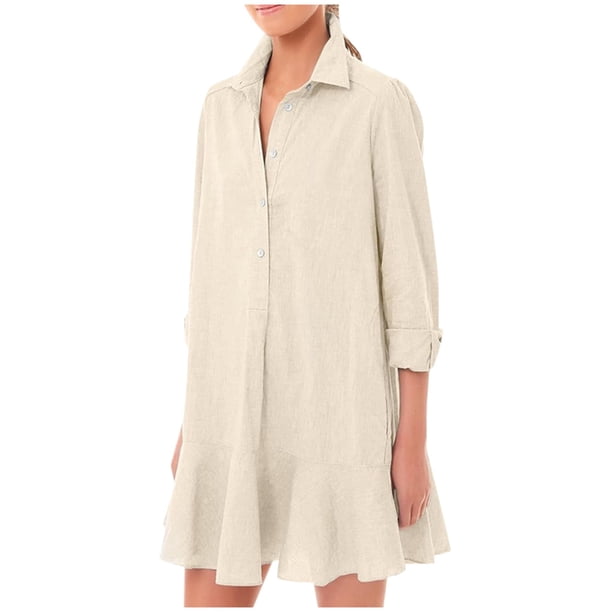 Vestido camisero de manga larga liso para mujer: bajo con volantes, cuello vuelto, informal/oficina