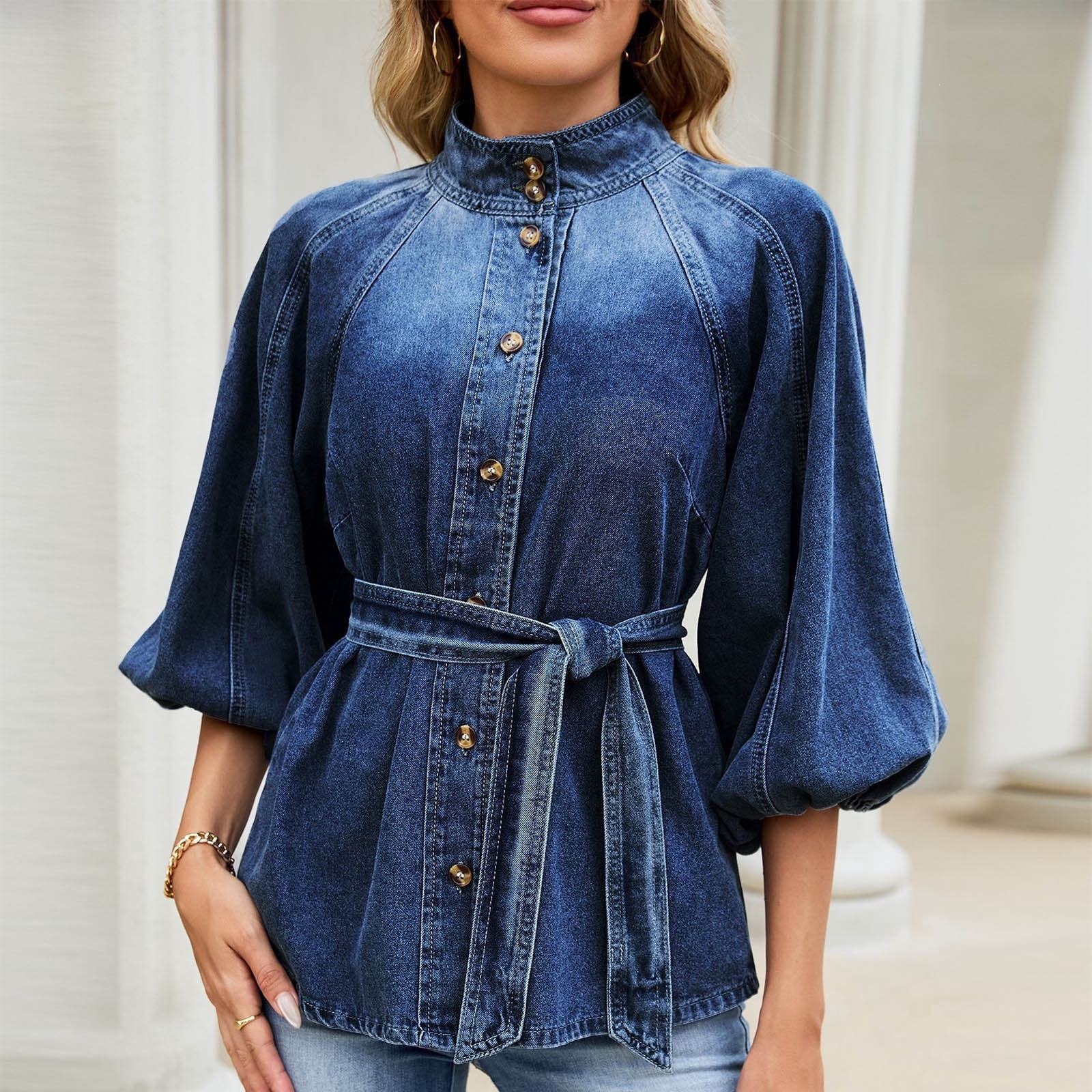 Ke1Clo 3/4 Sleeve Tops for Women Casual Fashion Button Down Tie Front Puff Sleeve High Neck Loose Denim Blouse Curved Hem Flowy Bandage Fall Top Dark Blue L
