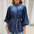 thumbnail image 6 of SETOOFF Womens 3/4 Length Sleeve Tops Denim Blouses Stand Collar Button Front Belted Waist Puff Sleeve Casual Shirts Women Spring Fall Travel Daily Outfit, 6 of 9