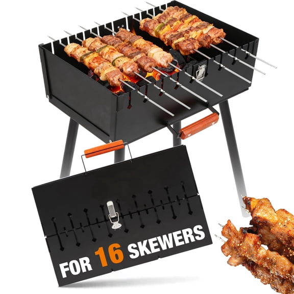 Lineslife Portable Mangal Grill Foldable Heavy Duty Charcoal BBQ Grill for Kabob Shashlik Camping Backyard Travel Compact Case Design Black