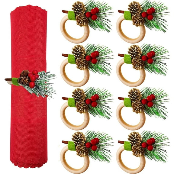 Janrevotw 8 Pieces Christmas Napkin Rings, Wooden Napkin Holder With Pinecone Red Berry Snowflake Rustic Napkin Clasp Christmas Lunch Thanksgiving New Year Wedding Party Table Decoration