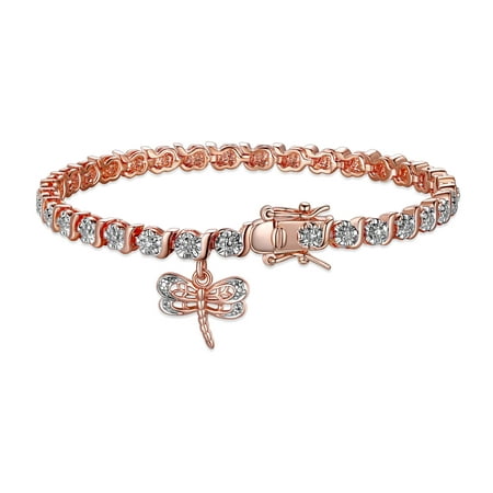 14K Rose Gold Plated Diamond Accent Dragonfly Charm Tennis Bracelet, 7.25"