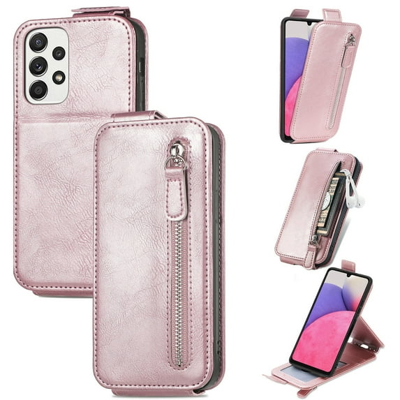 SaniMore for Samsung Galaxy A33 5G Magnetic Closure Top & Bottom Flip Wallet Case, Premium PU Leather Cover with Car Mount Card Slot & Adjustable Kickstand Full Body Protective Shell, Rosegold
