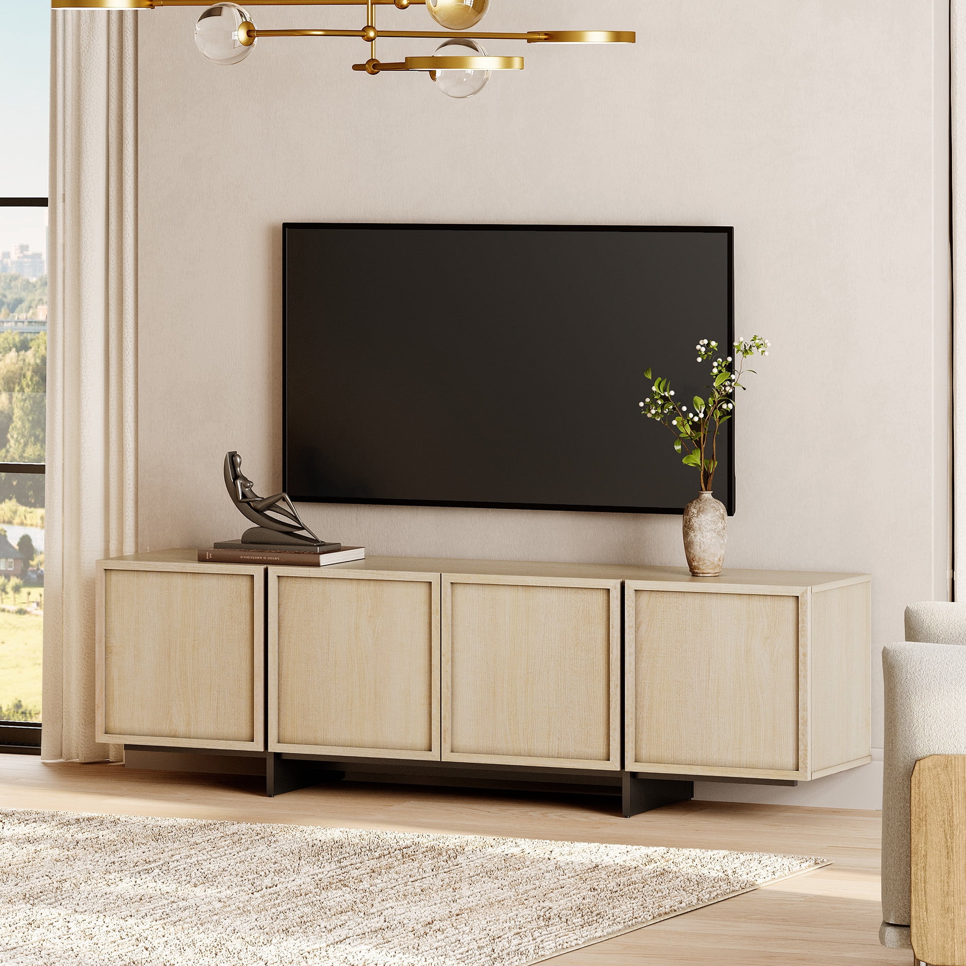 Modern 2-Piece Living Room Set, 70.9" TV Stand Entertainment Center & 57.5" 9-Compartment Storage Cabinet, 4-Door Closed Storage with T-Shaped Legs,Beige
