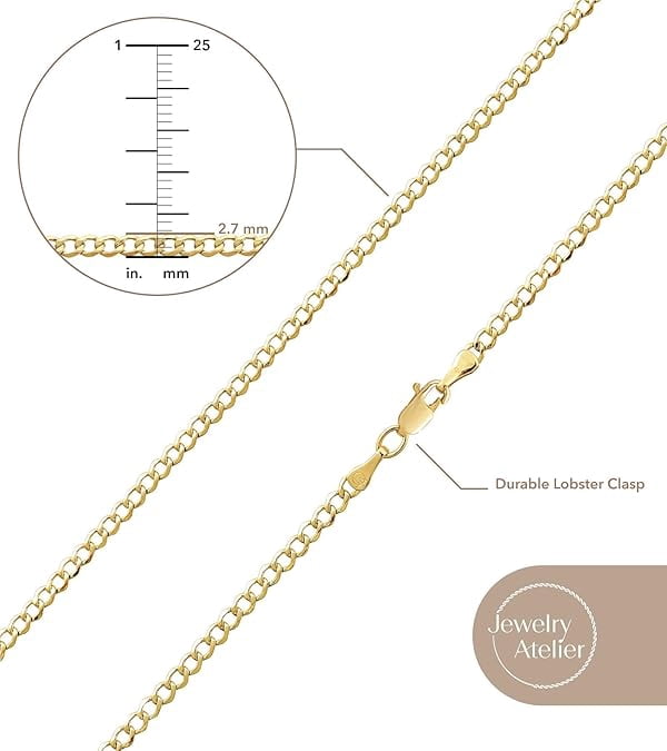 Jewelry Atelier Gold Chain Necklace Collection - 14K Solid Yellow Gold Filled Miami Cuban Curb Link Chain Necklaces for Women and Men with Different Sizes (2.7mm, 3.6mm, 4.5mm, or 5.5mm)