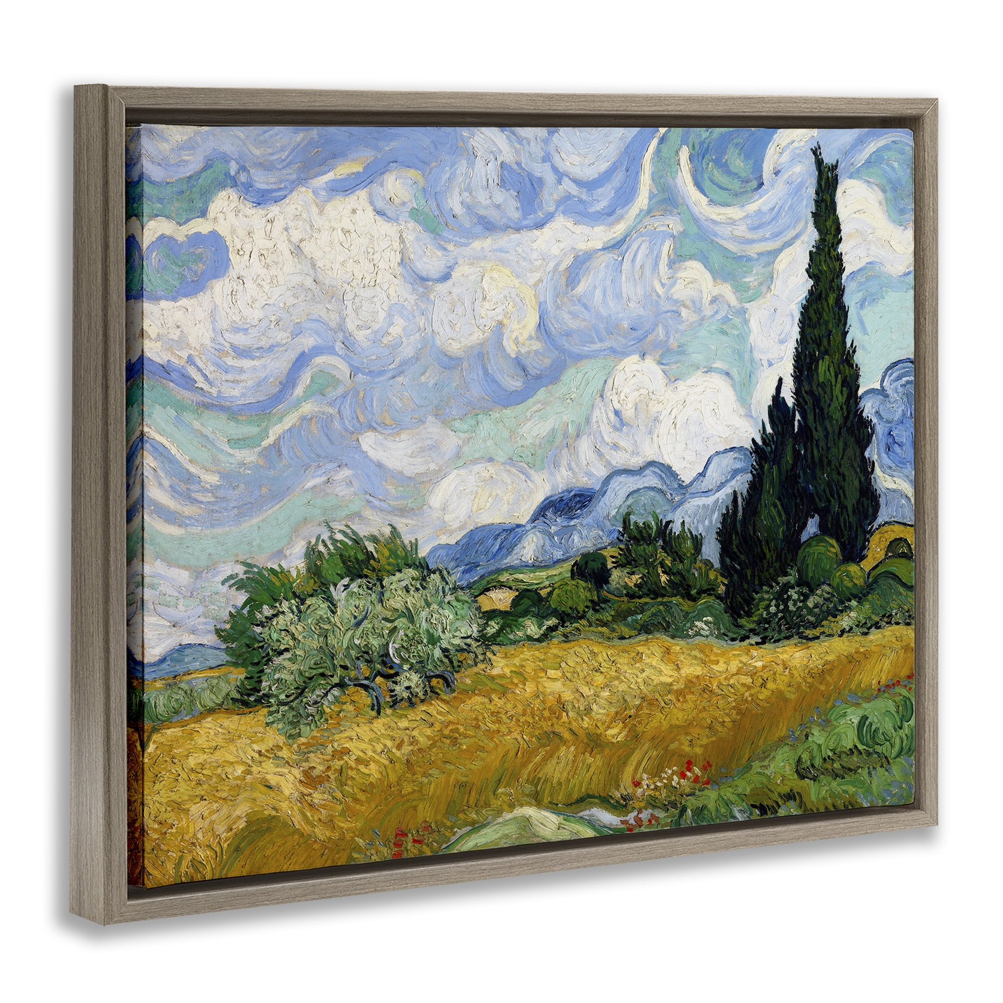 Stupell Industries Classical Wheat Field with Cypresses Landscape & Nature Painting Brown Floater Framed Canvas Art Print Wall Art, 21 x 17