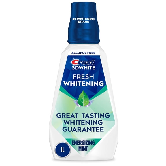Crest Mouthwash 3D White Fresh Whitening, Great Tasting Whitening Guaranteed, Alcohol-Free, Peroxide Free, Energizing Mint Flavor, 1 L (33.8 fl oz)