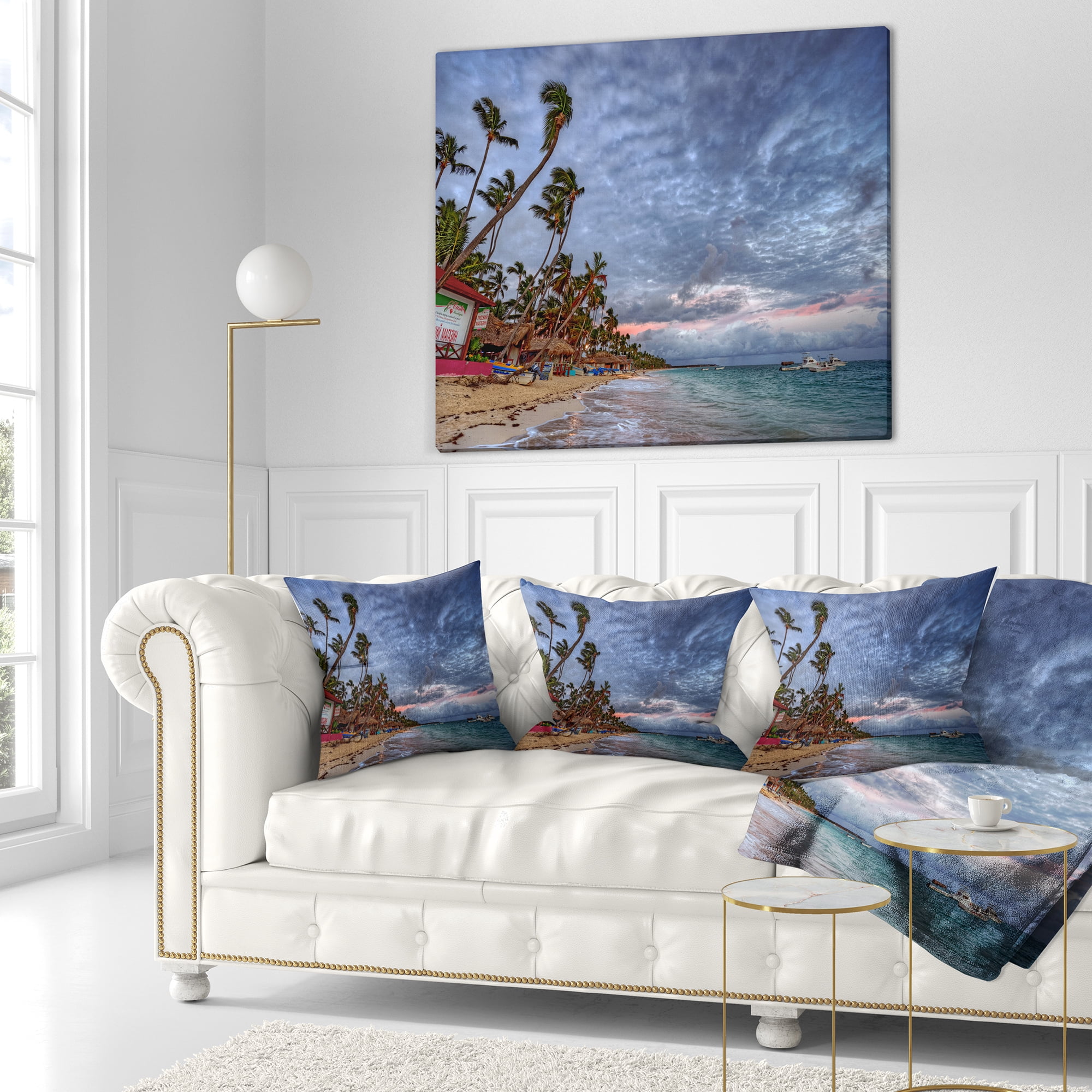 Designart Long Palm Trees Bent to Beach - Seashore Throw Pillow - 18x18