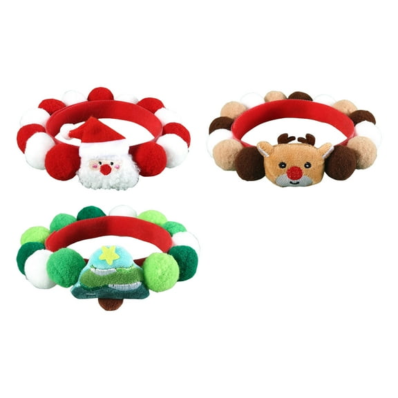 Pack of 3 Christmas Theme Plush Pet Collars with Furry Pompoms Adjustable Cats Collar Dog Neckwear for Festival Parties