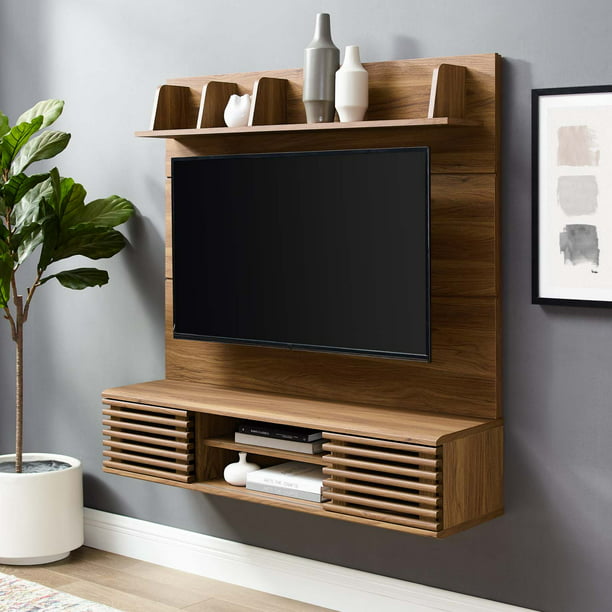 Modway Render Wall Mounted Tv Stand Entertainment Center In Walnut Com - Tv Mounted On The Wall Entertainment Centers